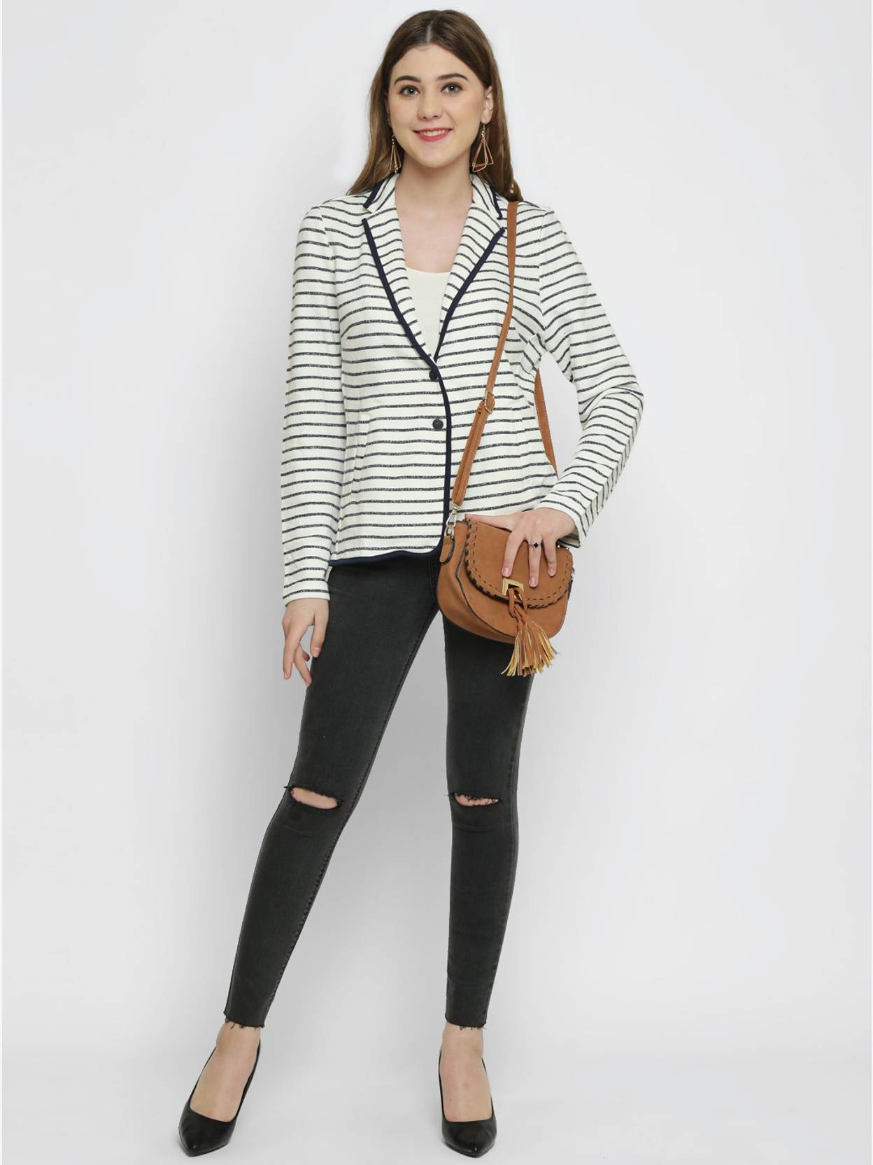 KOTTY Women Striped Single Breasted Casual Blazer  (White)