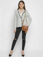 KOTTY Women Striped Single Breasted Casual Blazer  (White)