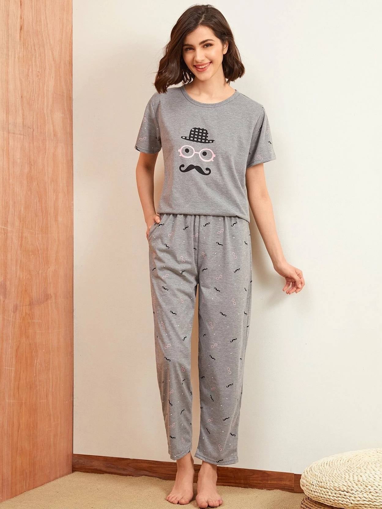 KOTTY  Women Top & Pyjama Set Grey Printed