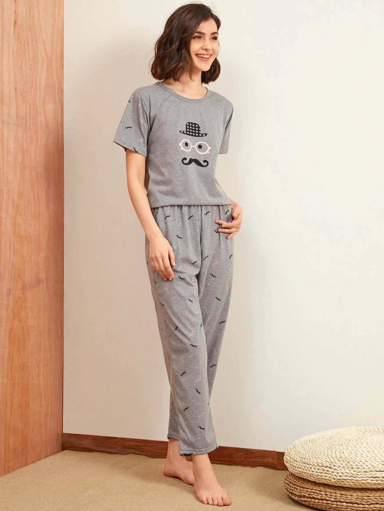 KOTTY  Women Top & Pyjama Set Grey Printed