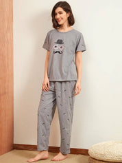 KOTTY  Women Top & Pyjama Set Grey Printed