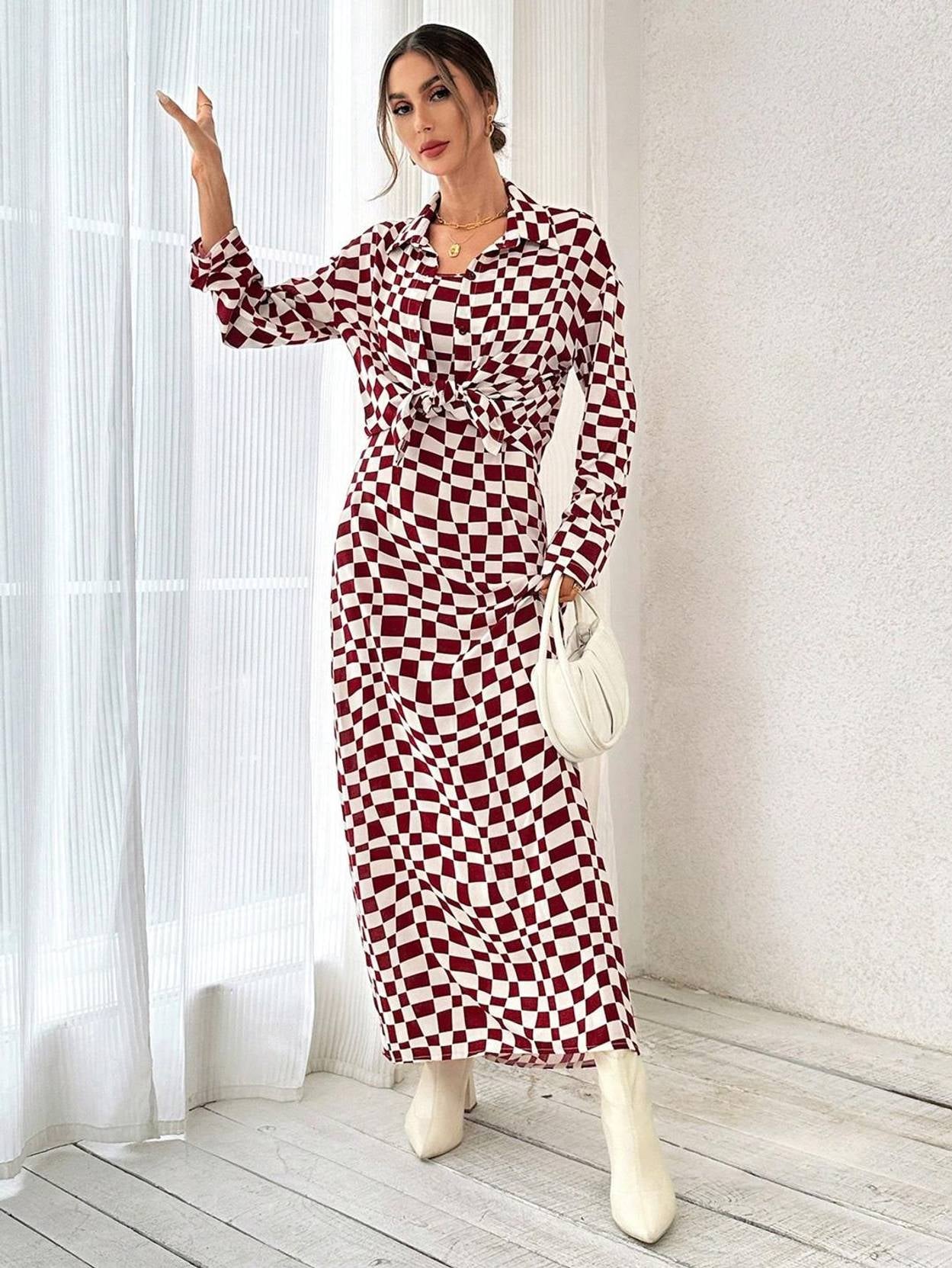 KOTTY Women Two Piece Dress Maroon, White Maxi/Full Length Dress