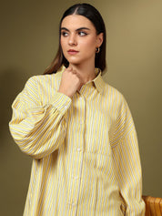 Kotty Women Spread Collar Vertical Striped Cotton Casual Shirt