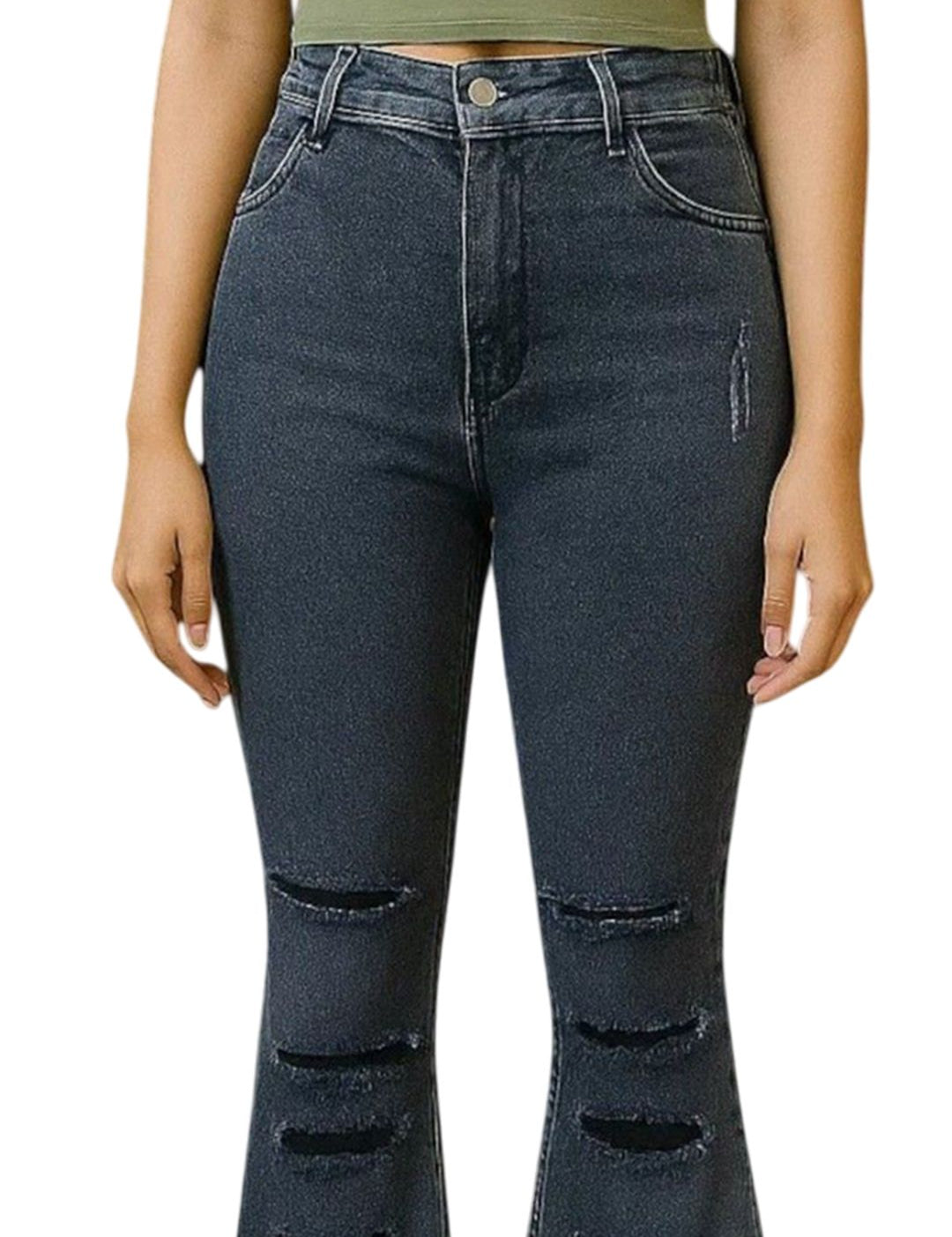 Kotty Women Flared High-Rise Highly Distressed Light Fade Cotton Stretchable Jeans