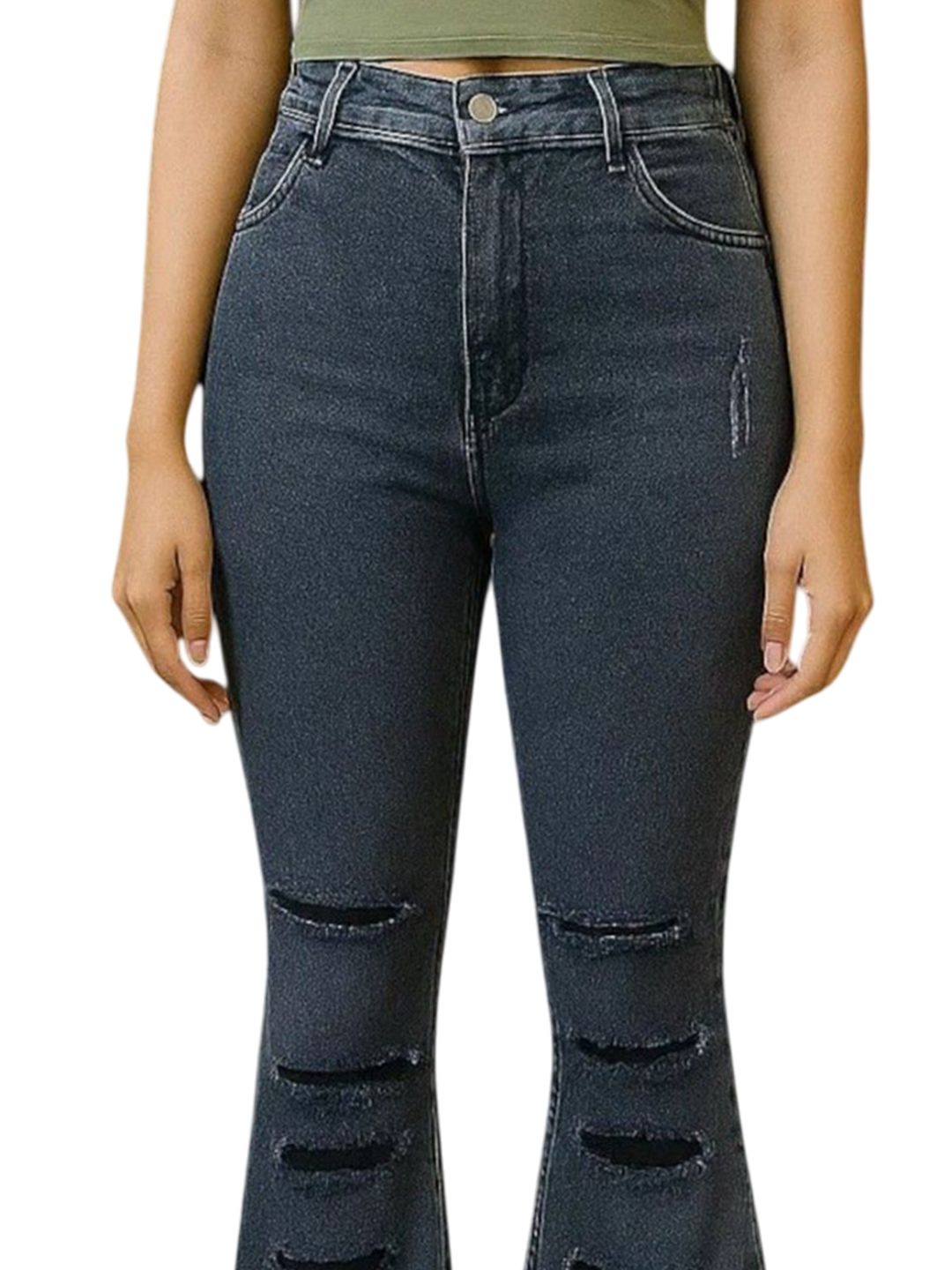 Kotty Women Flared High-Rise Highly Distressed Light Fade Cotton Stretchable Jeans