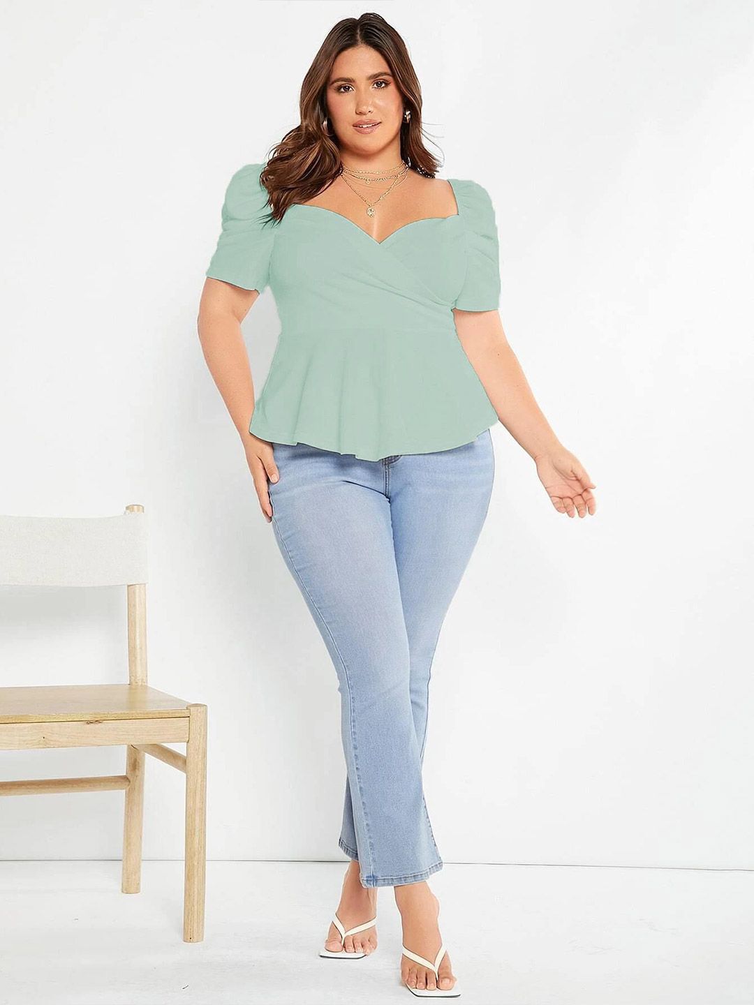 KOTTY Sweetheart Neck Puff Sleeve Peplum Top