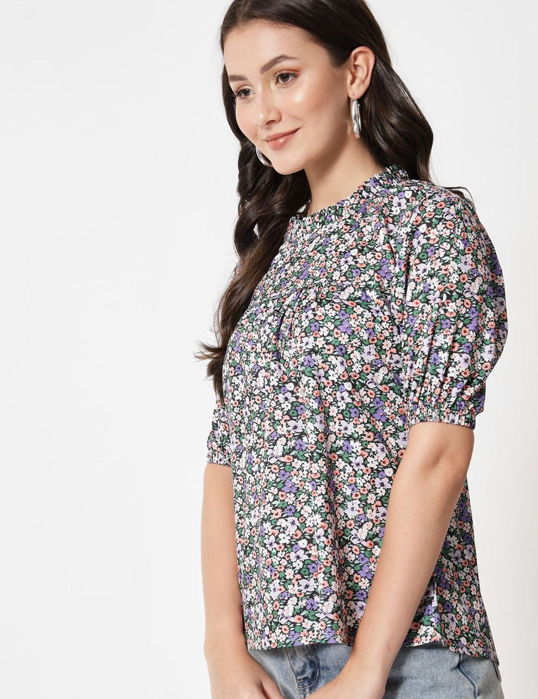 Kotty Women Floral Print Puff Sleeve Crepe Top