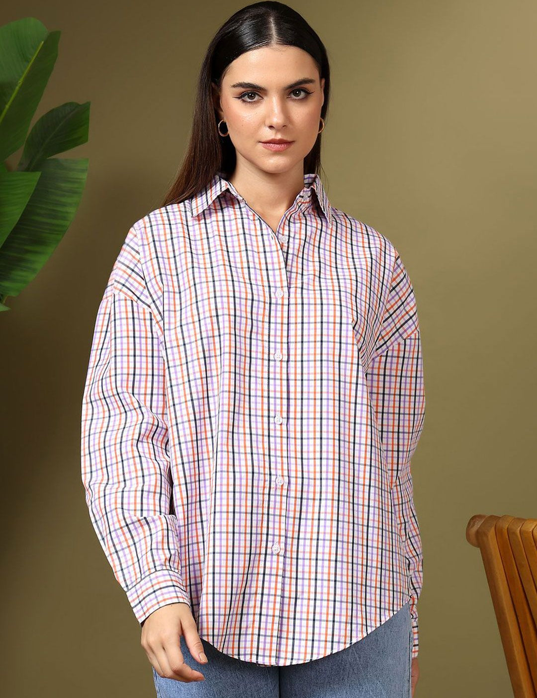 Kotty Women Spread Collar Micro Checked Cotton Casual Oversized Shirt