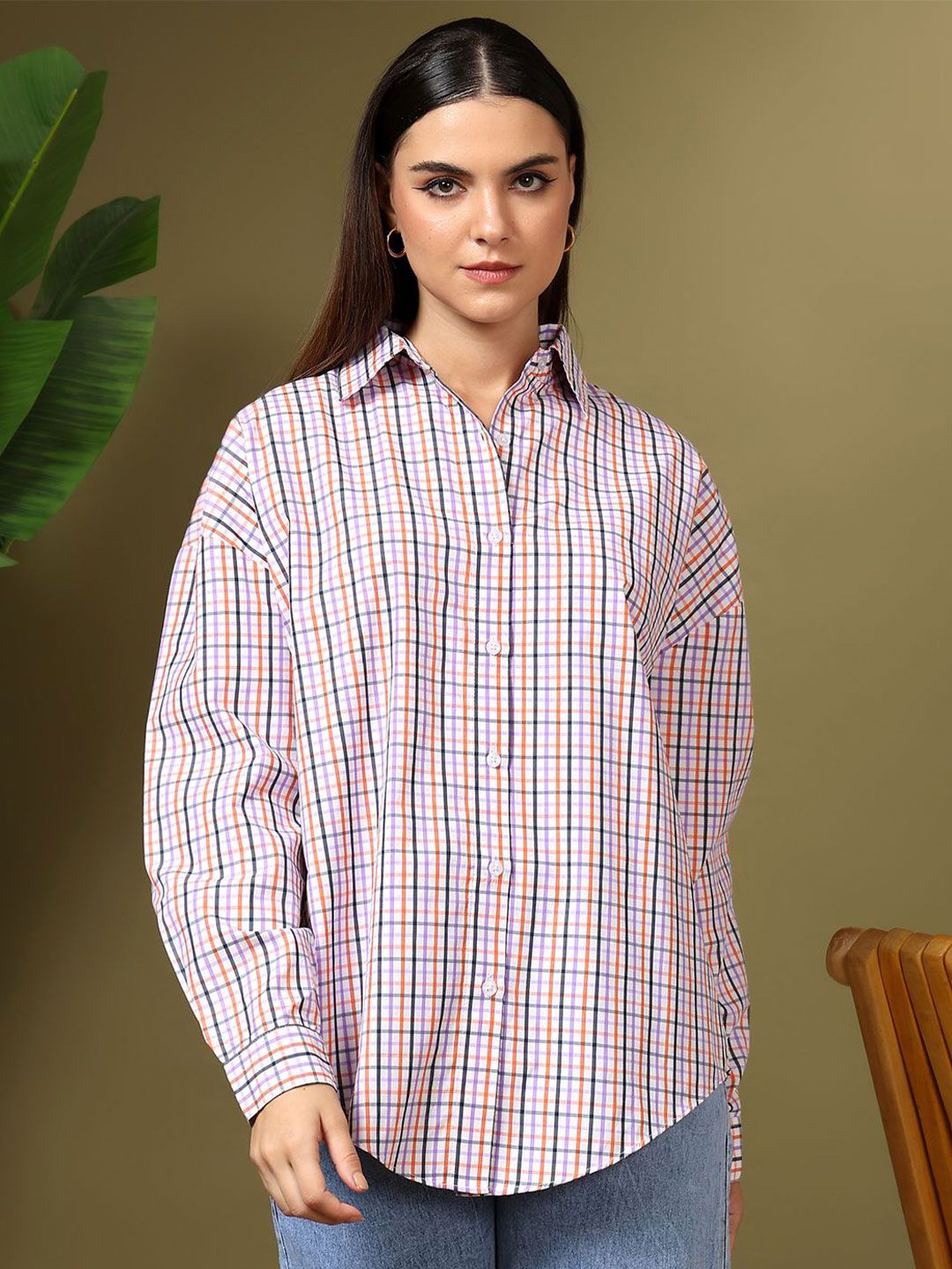 Kotty Women Spread Collar Micro Checked Cotton Casual Oversized Shirt