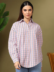 Kotty Women Spread Collar Micro Checked Cotton Casual Oversized Shirt