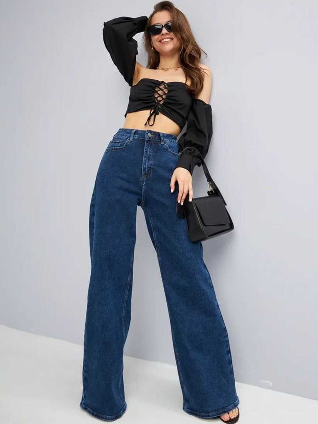 Women's High Waisted Wide Leg Blue Denim Jeans