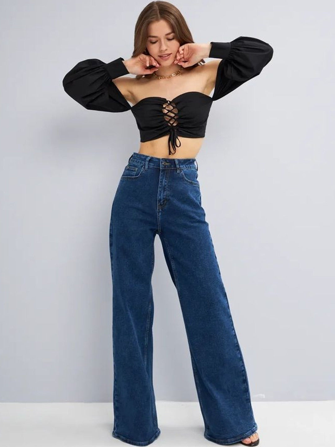 Women's High Waisted Wide Leg Blue Denim Jeans