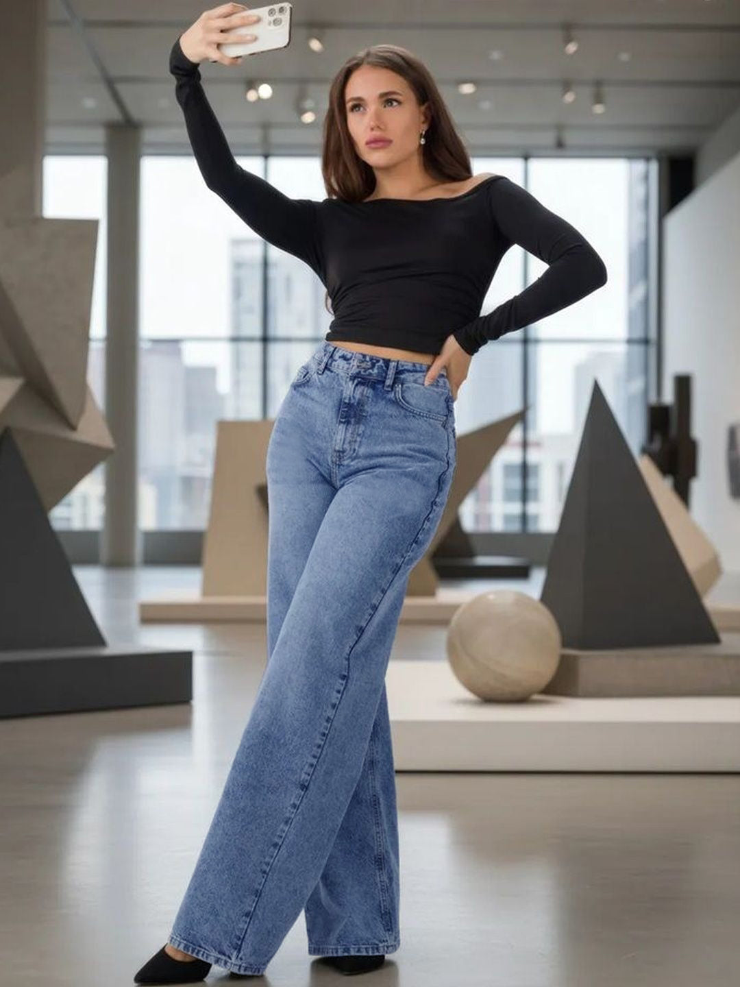 High-Waist Light Blue Straight Leg Jeans