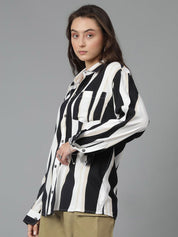 Kotty Women Spread Collar Striped Cotton Oversized Casual Shirt
