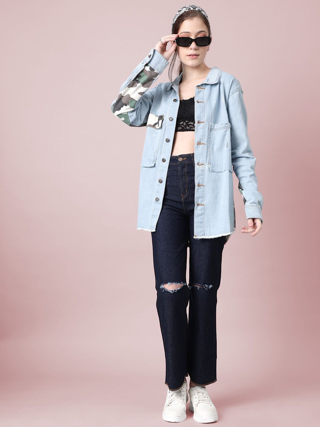 Kotty Women Spread Collar Camouflage Printed Cotton Casual Denim Jacket