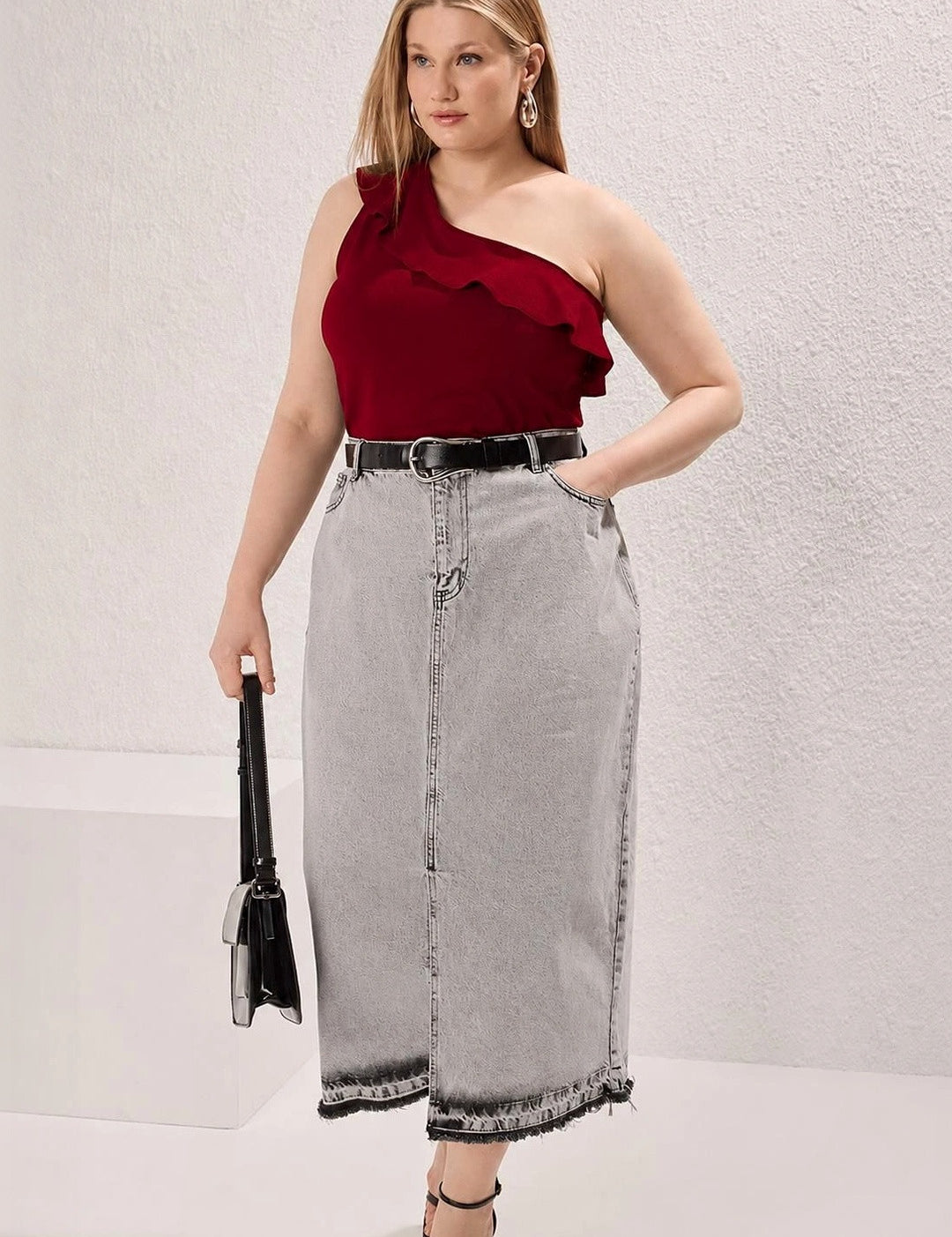 Kotty Women's Rich Maroon One Shoulder Ruffle Top | Elegant Party Wear