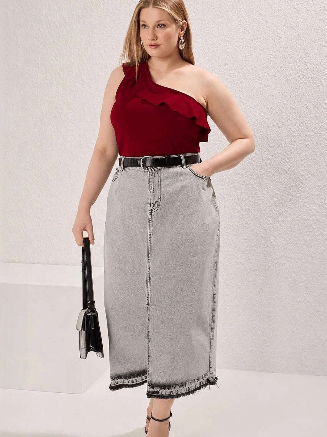 Kotty Women's Rich Maroon One Shoulder Ruffle Top | Elegant Party Wear