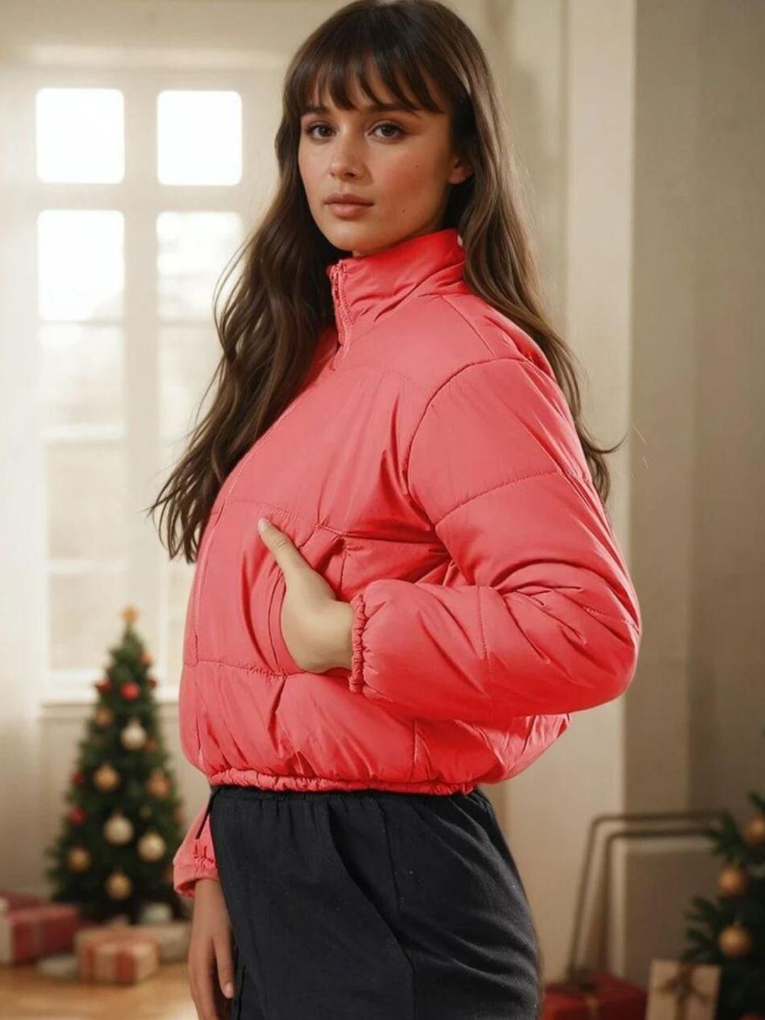 Kotty Women Stand Collar Solid Lightweight Puffer Jacket