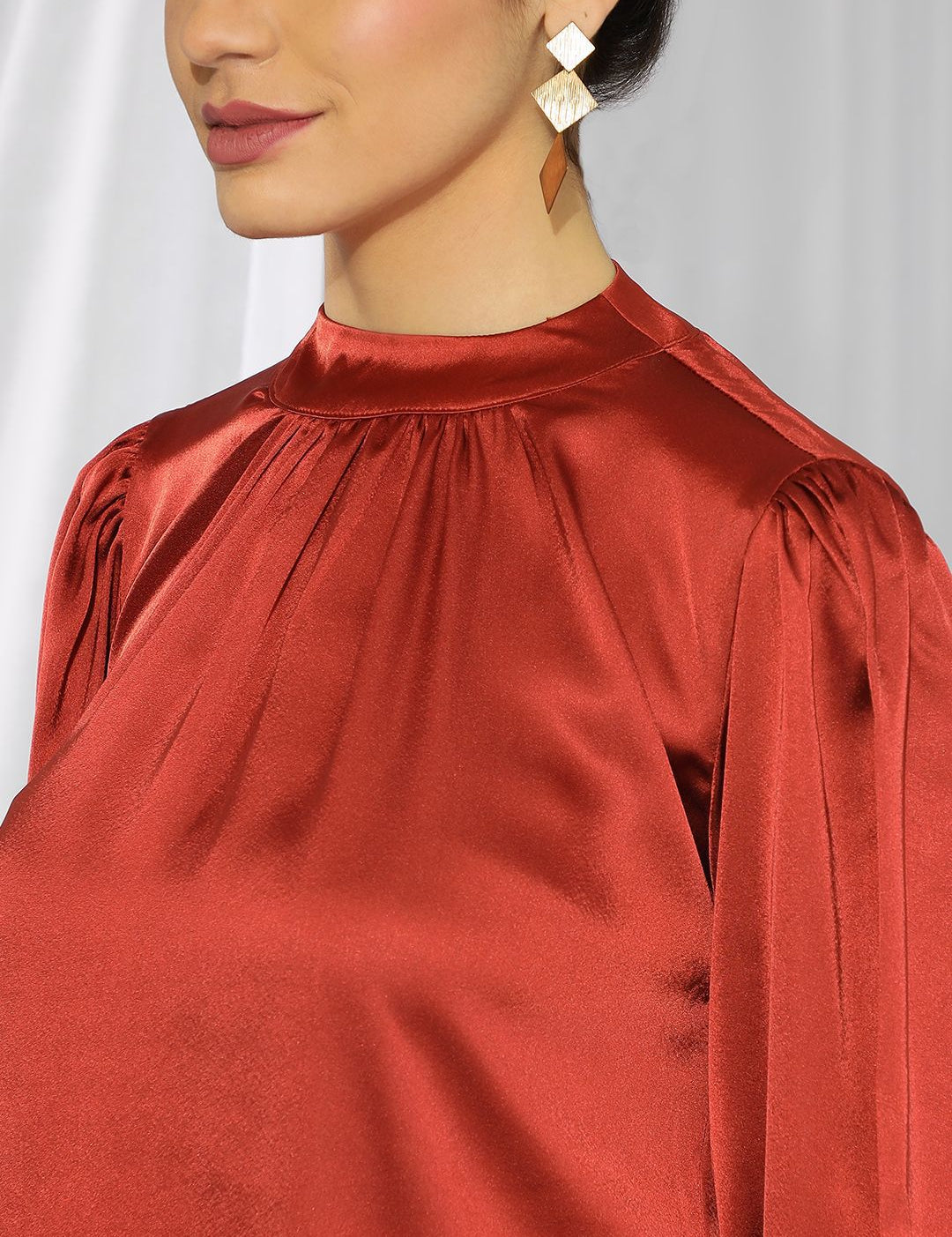 Kotty Women Satin High Neck Cuffed Sleeves Top