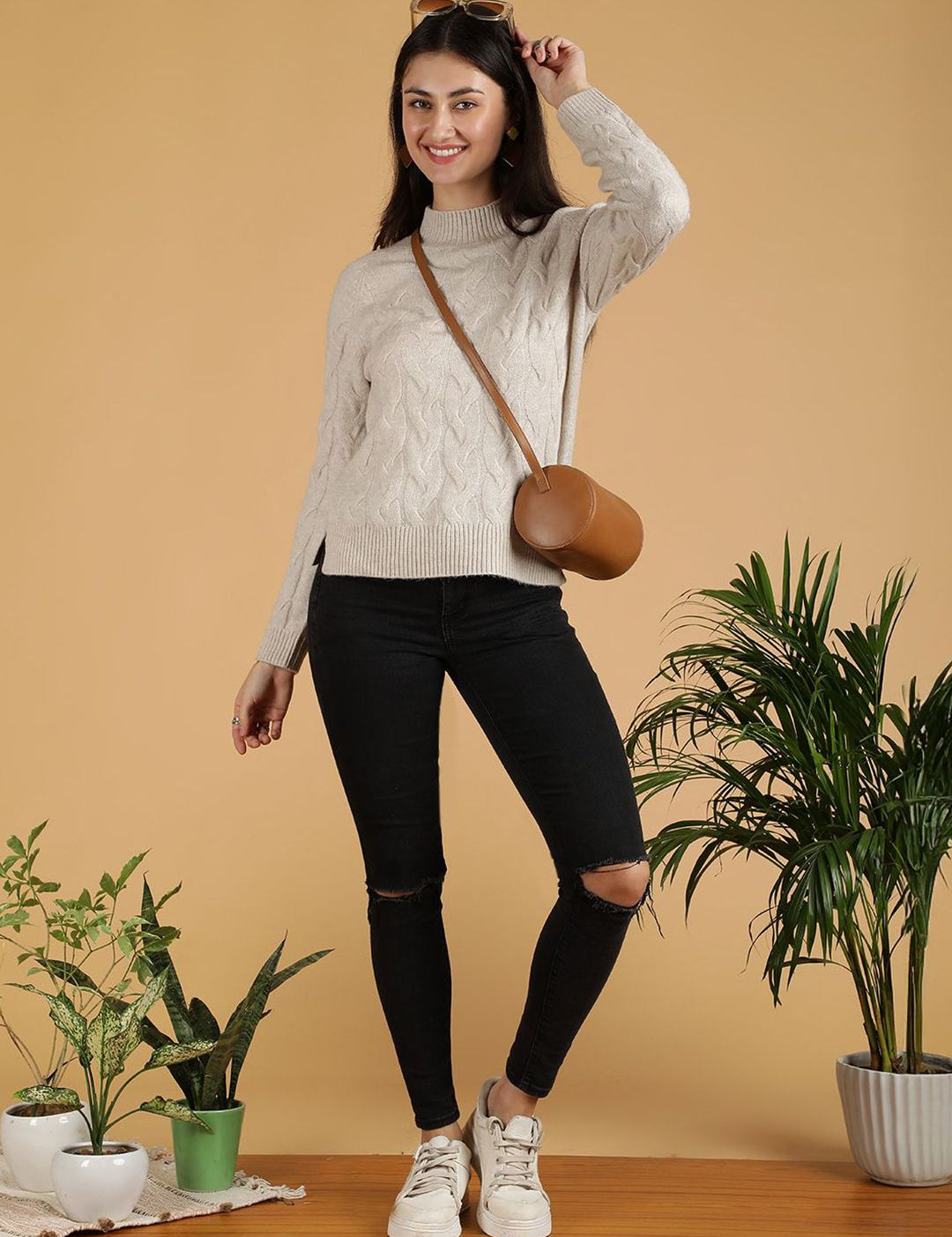 Kotty Women Turtle Neck Cable Knit Pullover Sweater