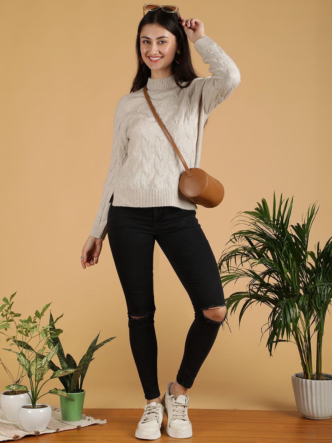 Kotty Women Turtle Neck Cable Knit Pullover Sweater