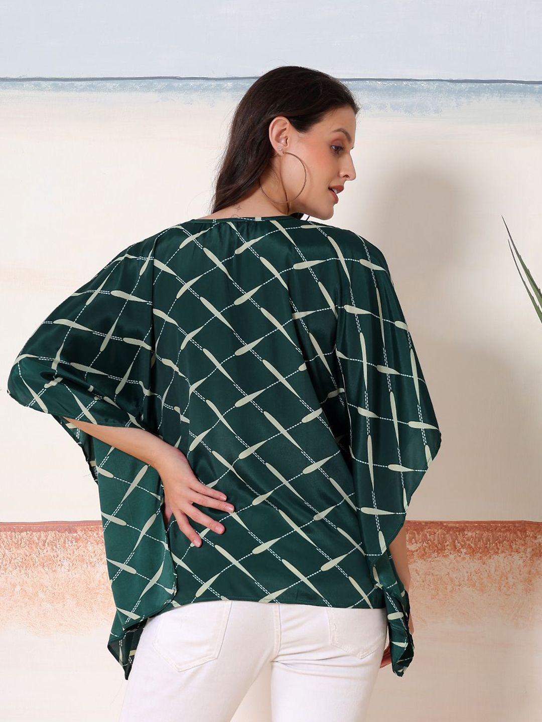 Kotty Women Checked Batwing Sleeve Satin Kaftan Top