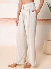 Kotty Women Solid Comfort Flared High-Rise Pleated Parallel Trousers