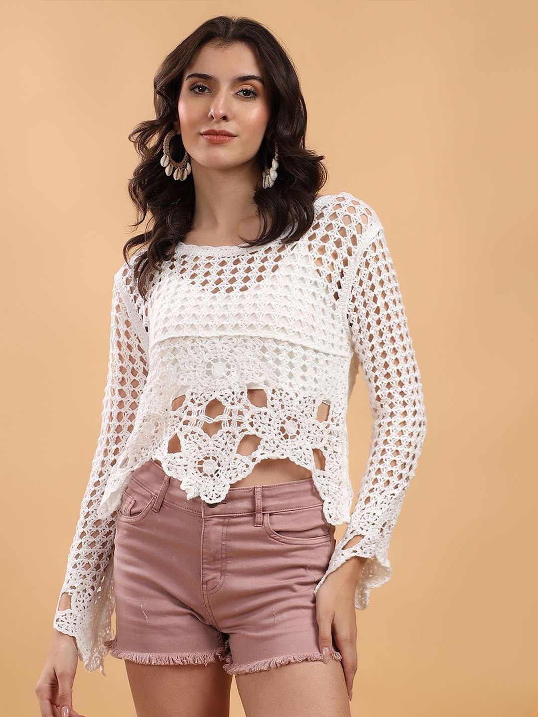 Kotty Women Round Neck Crochet Crop Top