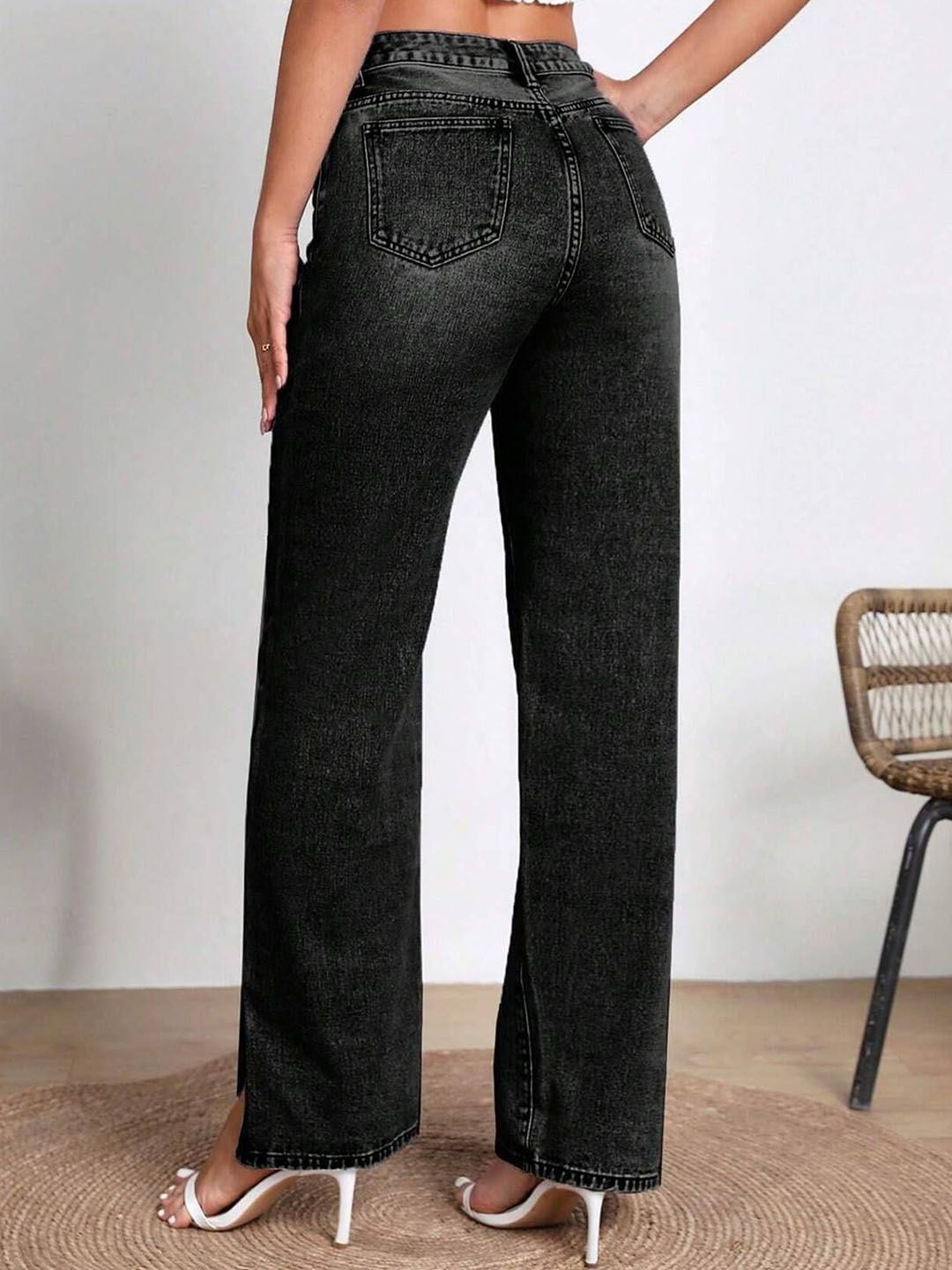 Kotty Women Wide Leg High-Rise Light Fade Stretchable Jeans with Slit