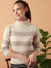 Kotty Women Cotton Striped Turtle Neck Long Sleeves Pullover Sweater