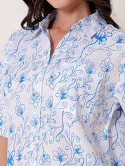 Kotty Women Comfort Fit Floral Printed Spread Collar Linen Casual Shirt
