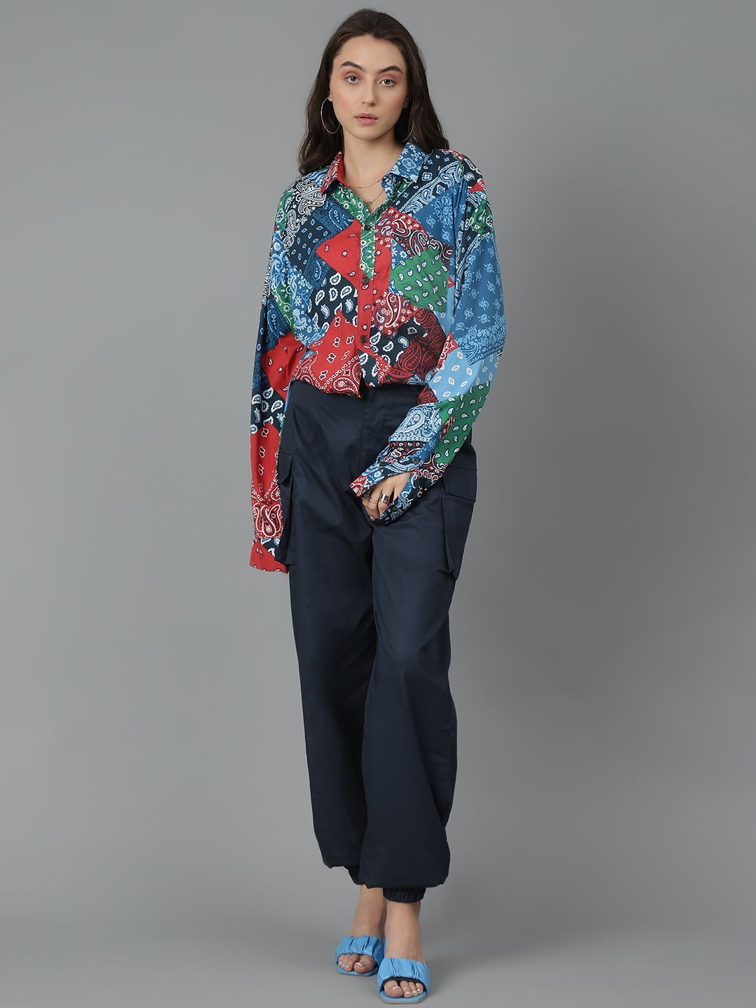 Kotty Women Spread Collar Abstract Printed Cotton Oversized Casual Shirt