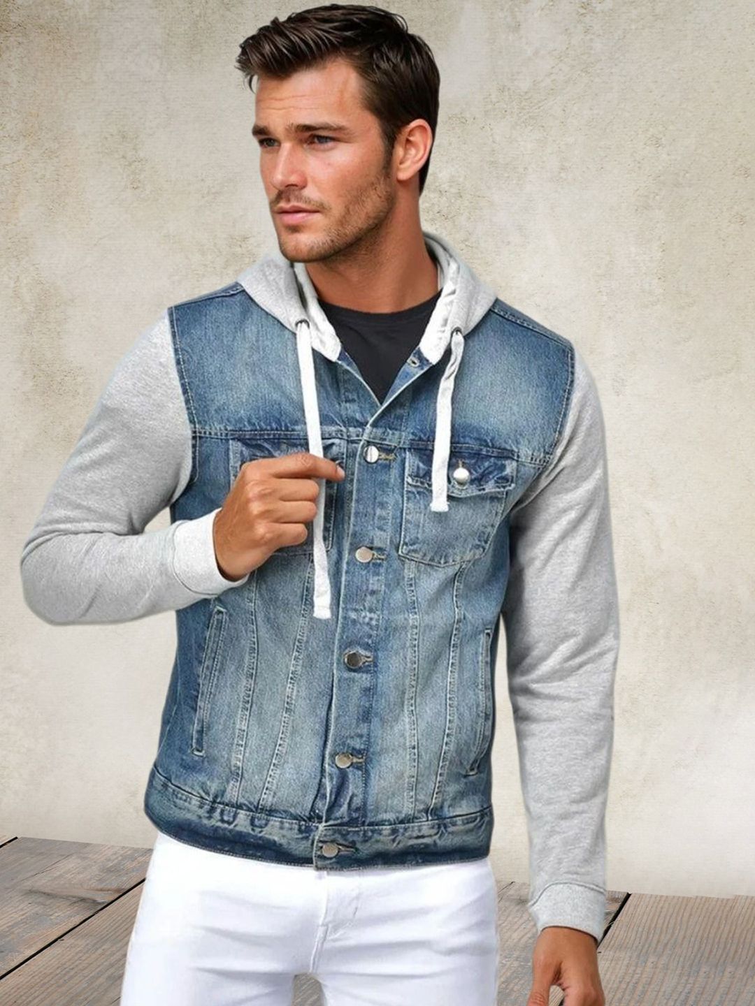 Kotty Men Hooded Solid Denim Jacket