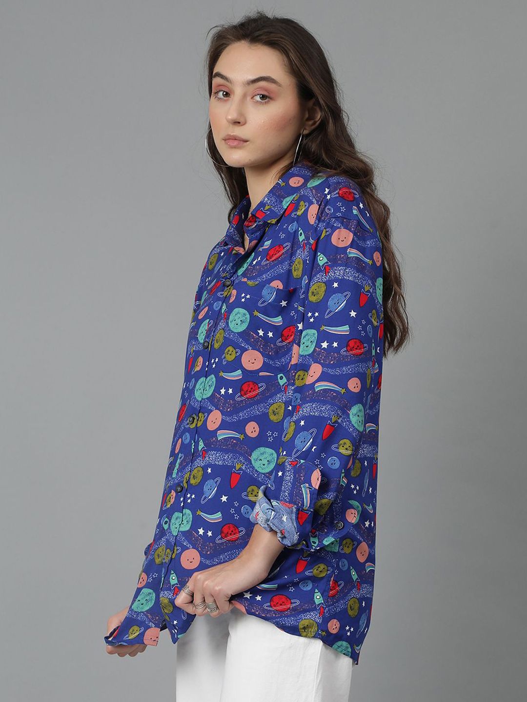 Kotty Women Spread Collar Abstract Printed Cotton Oversized Casual Shirt