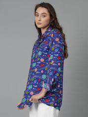 Kotty Women Spread Collar Abstract Printed Cotton Oversized Casual Shirt