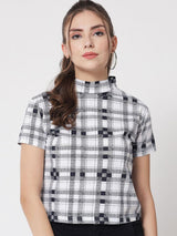 Kotty Women Checked Printed High Neck Short Sleeves Casual Top