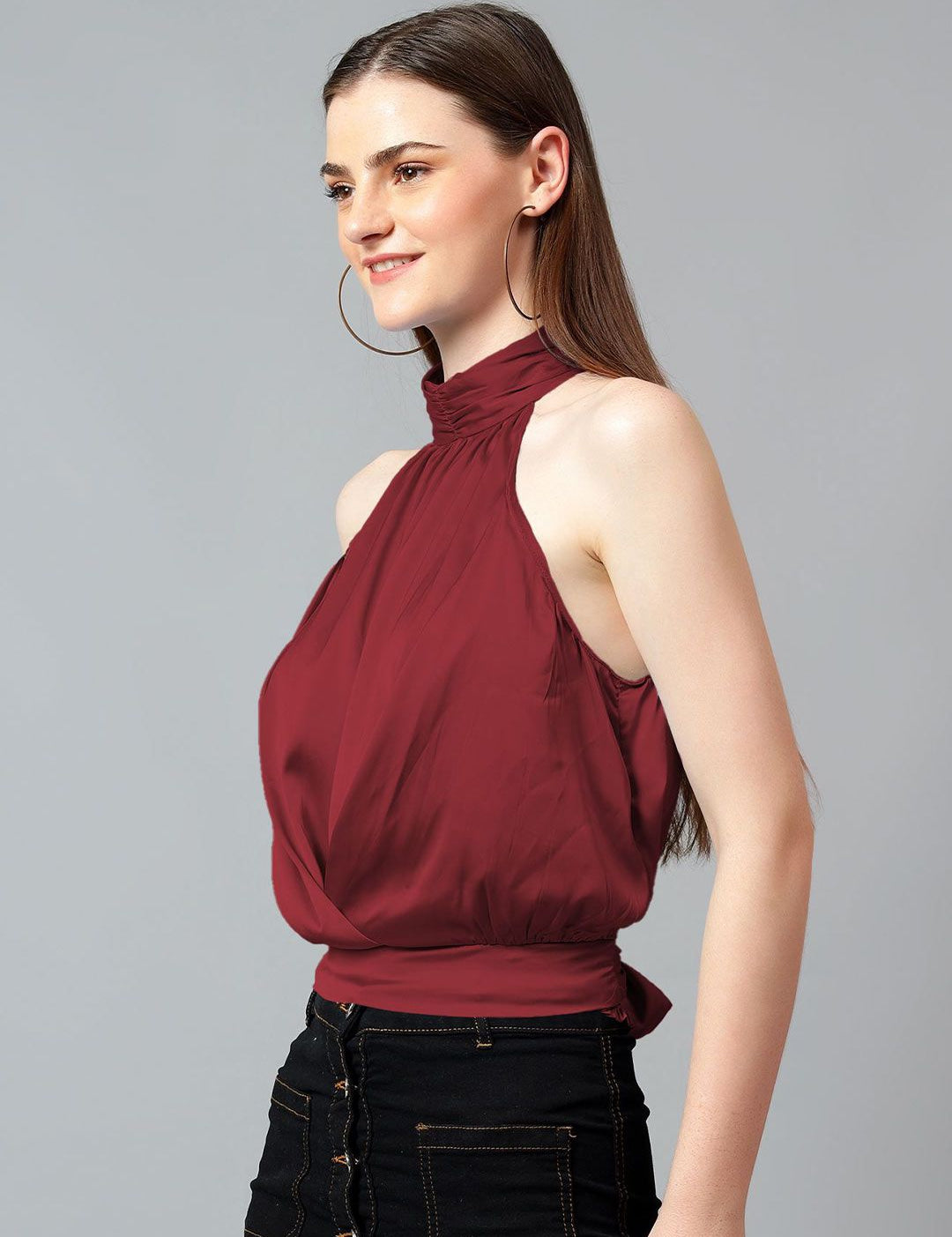 Kotty Women Solid Halter Neck Satin Top