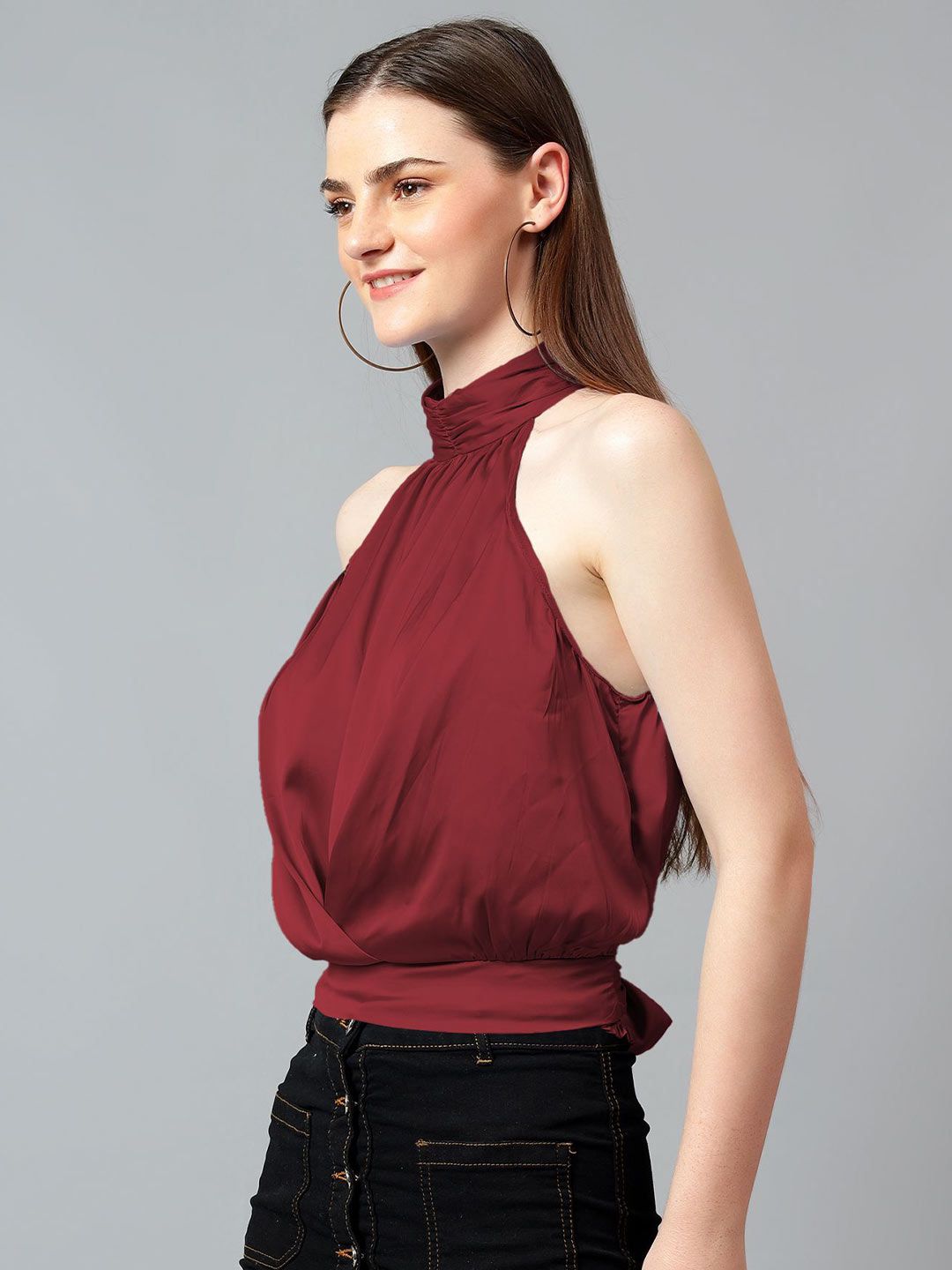 Kotty Women Solid Halter Neck Satin Top