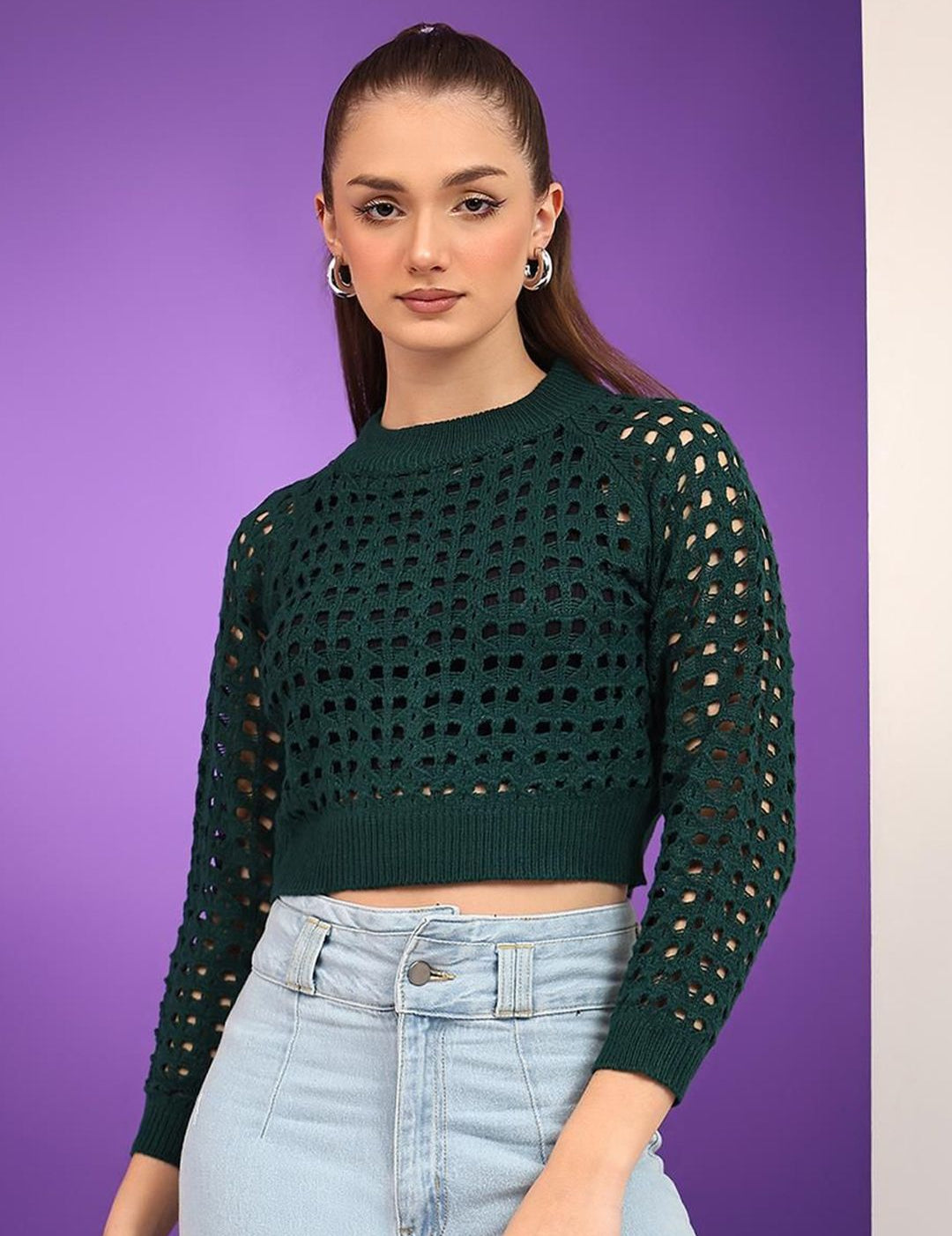 Kotty Women Cotton Self Design Open Knit Crop Pullover Sweaters