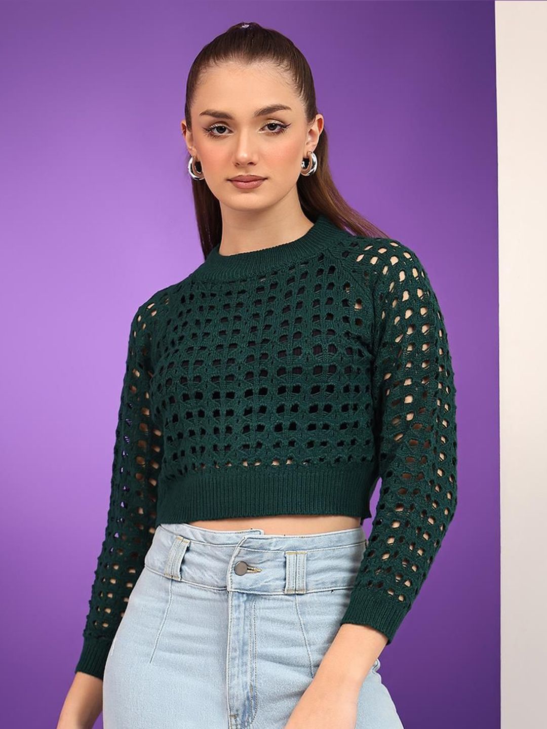 Kotty Women Cotton Self Design Open Knit Crop Pullover Sweaters