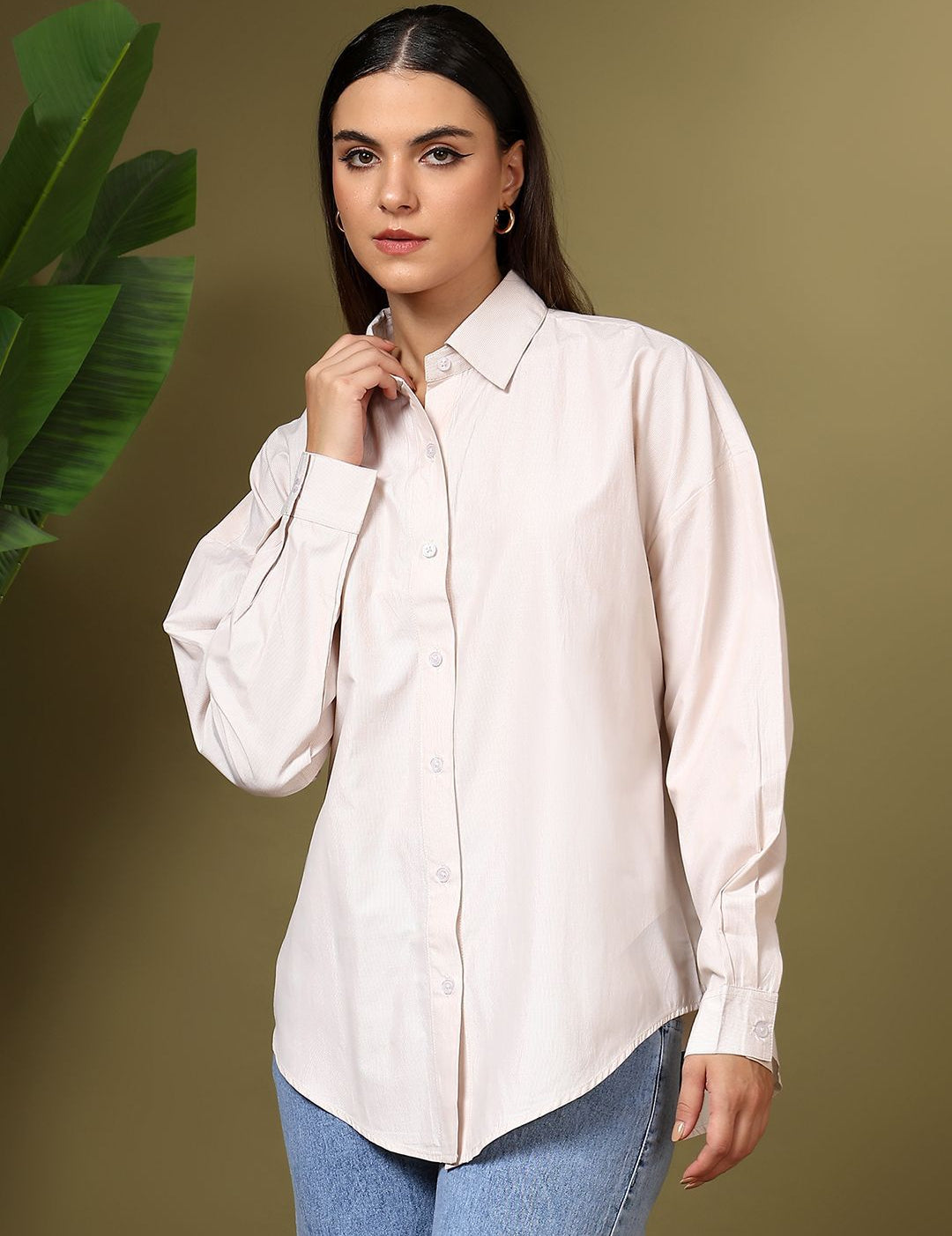 Kotty Women Relaxed Fit Spread Collar Solid Cotton Casual Shirt
