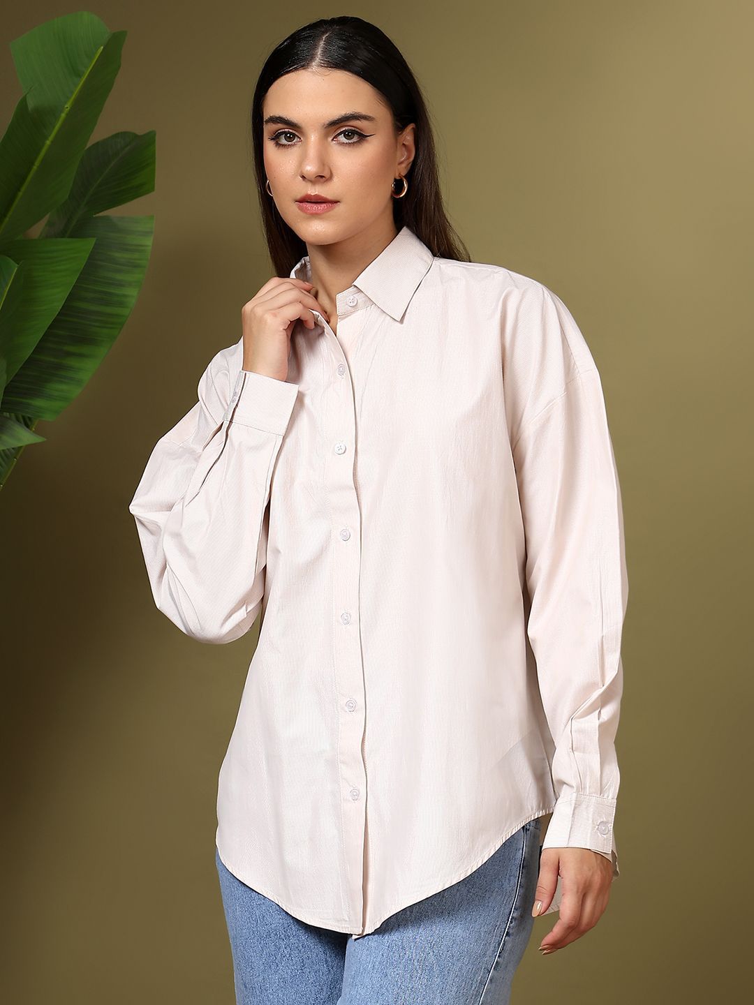 Kotty Women Relaxed Fit Spread Collar Solid Cotton Casual Shirt