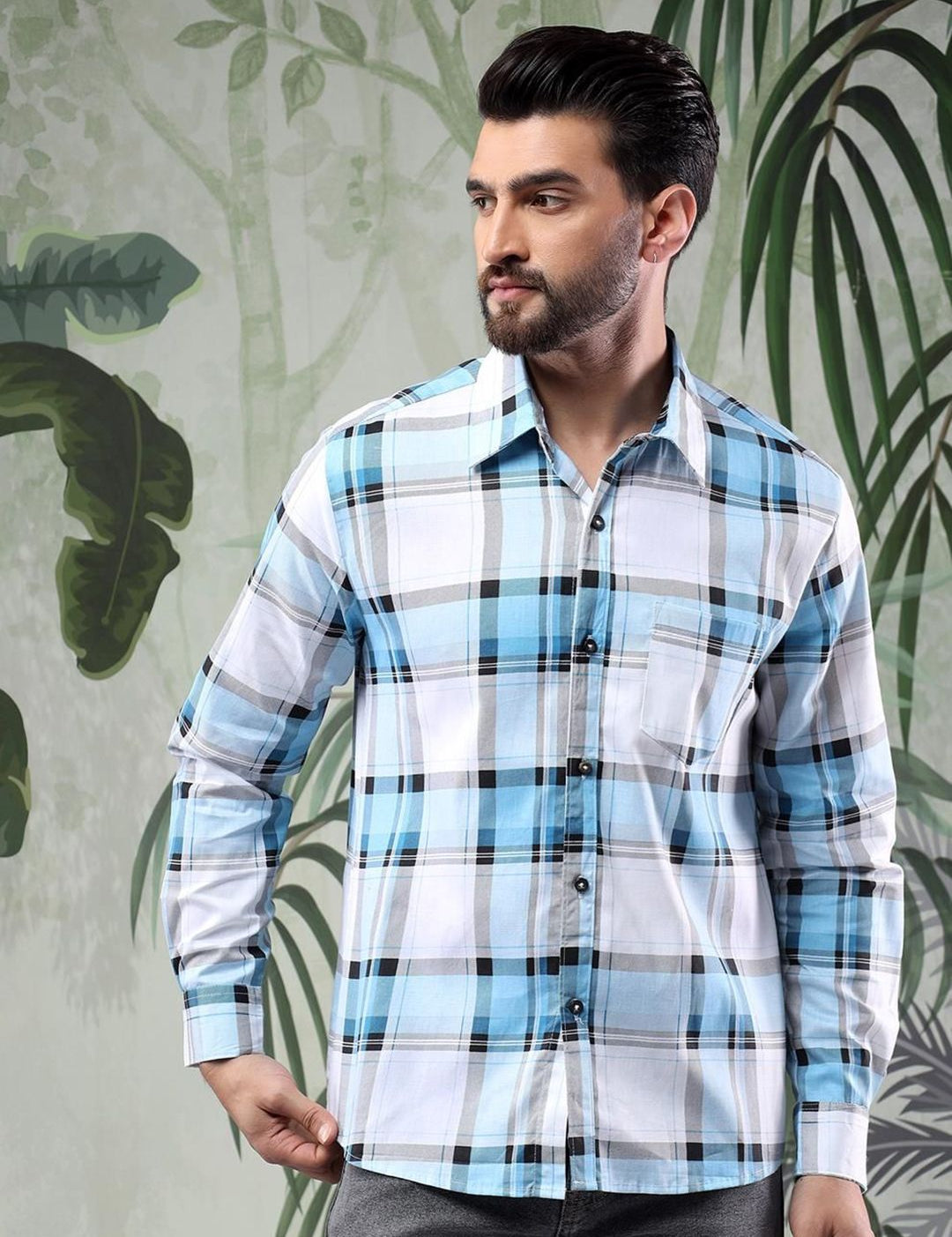 Kotty Men Spread Collar Tartan Checked Casual Shirt