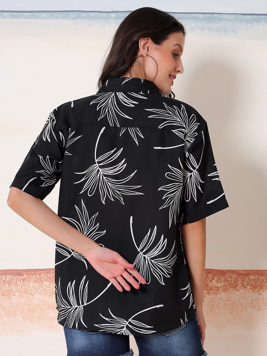 Kotty Women Comfort Fit Floral Printed Spread Collar Linen Casual Shirt