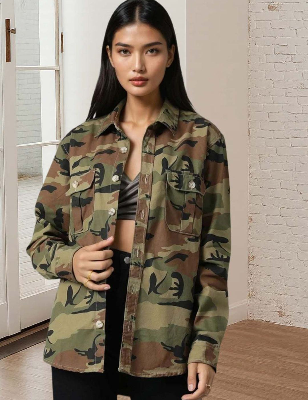 Kotty Women Spread Collar Camouflage Denim Jacket