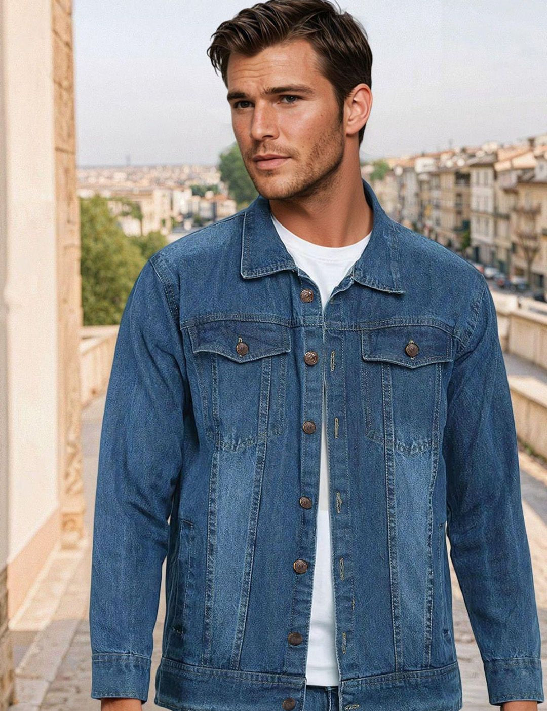 Kotty Men Solid Spread Collar Denim Jacket