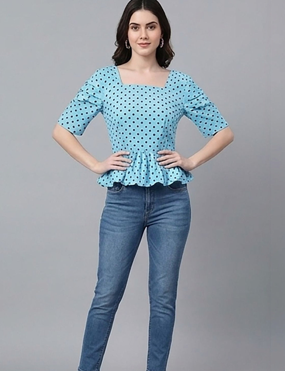 Kotty Top Indigo Blue Women's Square Three-Quarter-Sleeve Fashion