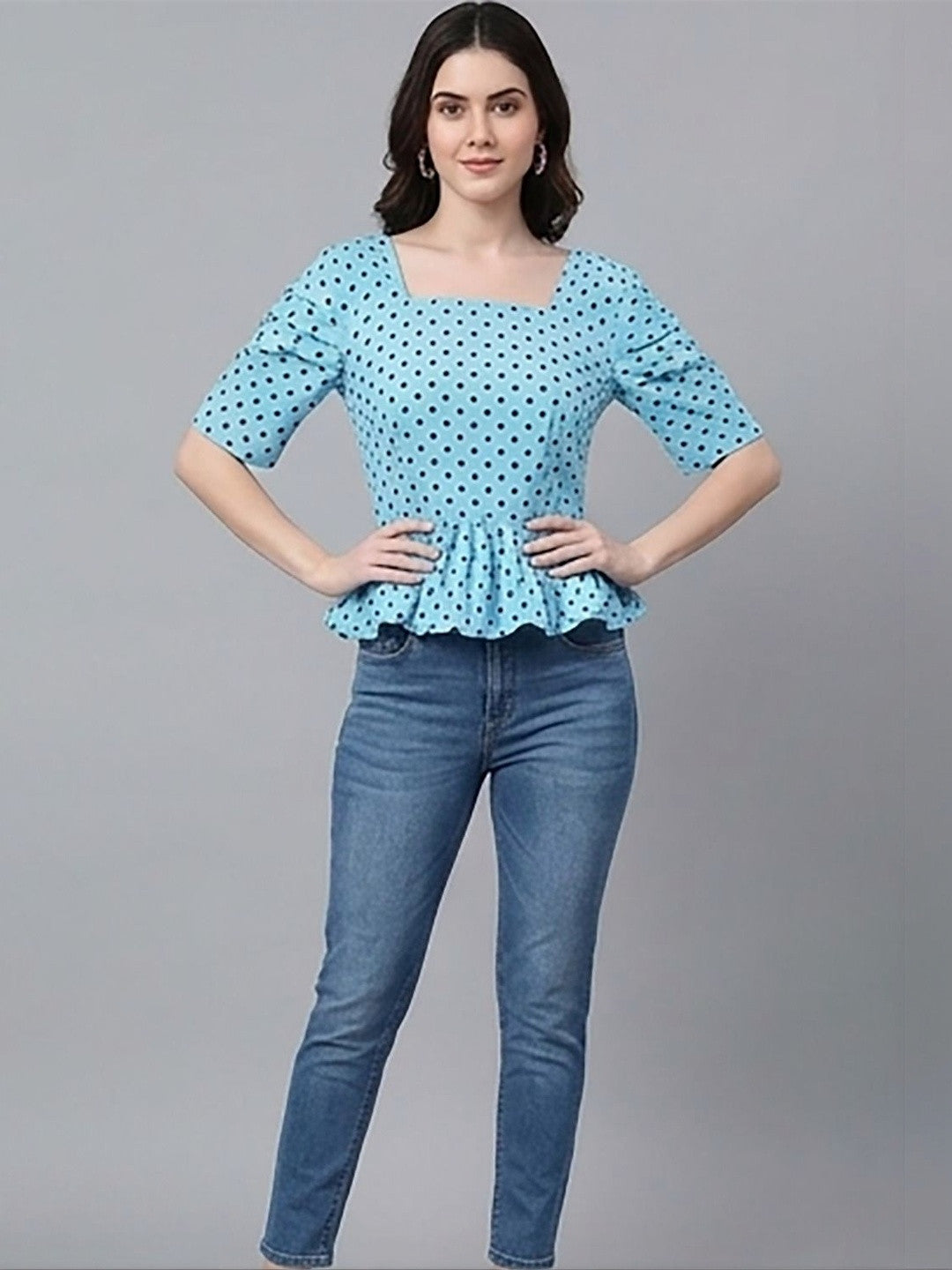 Kotty Top Indigo Blue Women's Square Three-Quarter-Sleeve Fashion