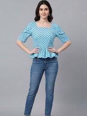 Kotty Top Indigo Blue Women's Square Three-Quarter-Sleeve Fashion