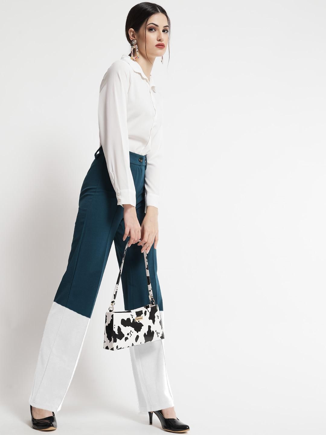 Kotty Women Colourblocked High-Rise Straight Fit Easy Wash Regular Trousers